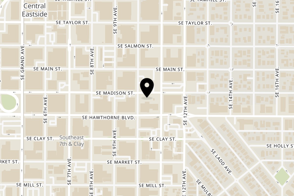 Map showing the location of Smaaken Waffle Sandwiches on 1080 Southeast Madison Street in Portland